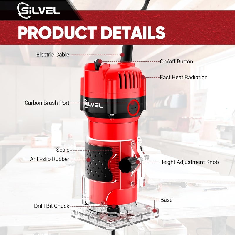 SILVEL Wood Router, 800W Wood Routers for Woodworking, 6.5Amp 1.25HP Hand Wood Router Tool, 30000R/MIN Compact Edge Trimmer with 15 1/4" Router Bit Set, Red - Image 5
